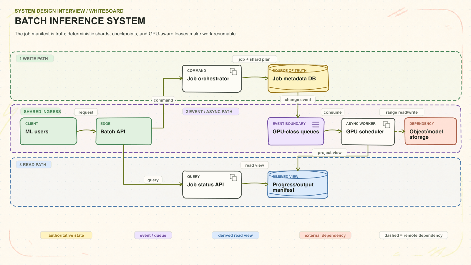 Batch inference system system architecture. The job manifest is truth; deterministic shards, checkpoints, and GPU-aware leases make work resumable. Request path: ML users to Batch API to Job orchestrator to Job metadata DB. Asynchronous path: GPU-class queues to GPU scheduler. Read path: Job status API to Progress/output manifest. External dependency: Object/model storage.