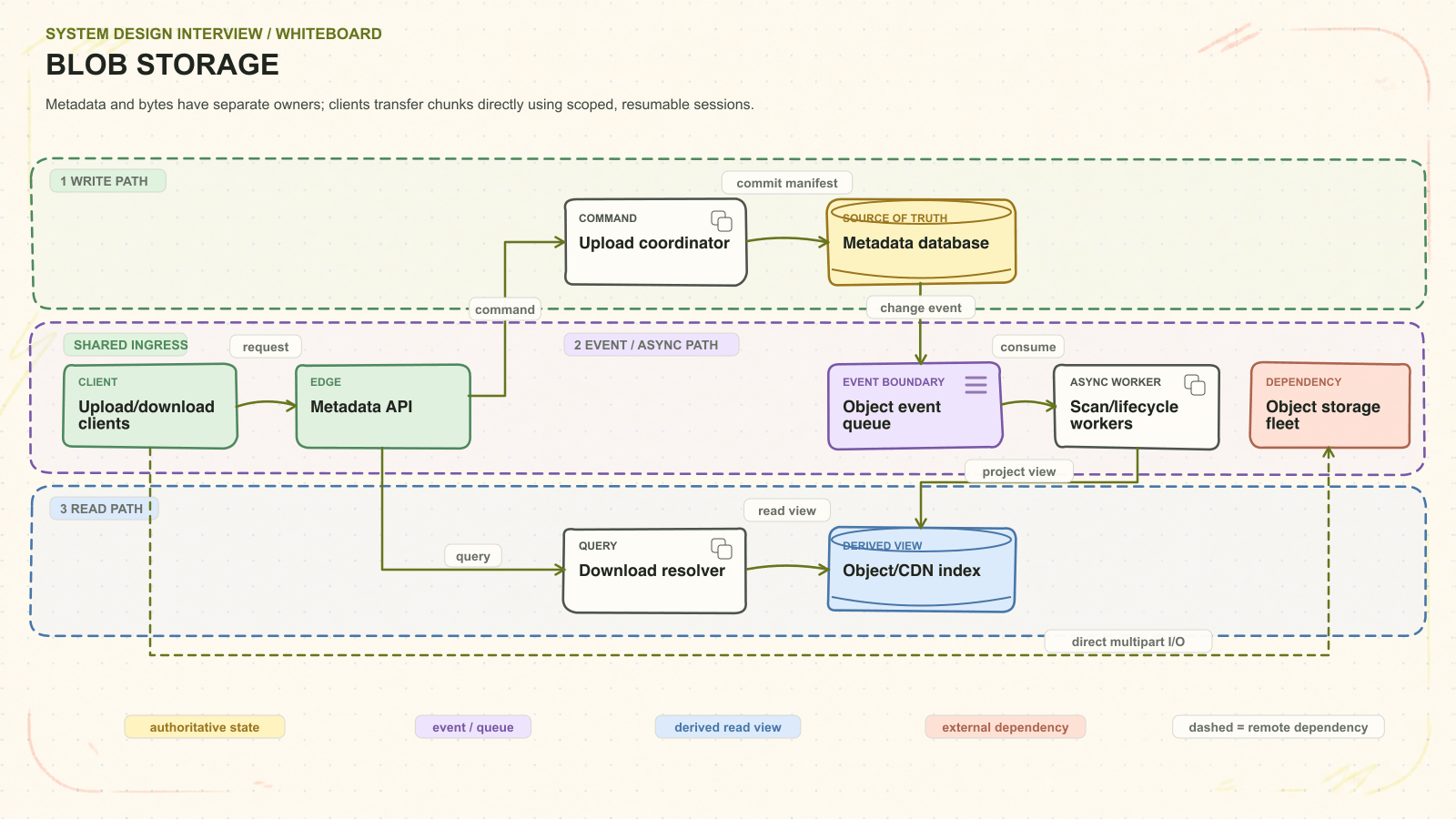 Blob storage system architecture. Metadata and bytes have separate owners; clients transfer chunks directly using scoped, resumable sessions. Request path: Upload/download clients to Metadata API to Upload coordinator to Metadata database. Asynchronous path: Object event queue to Scan/lifecycle workers. Read path: Download resolver to Object/CDN index. External dependency: Object storage fleet.