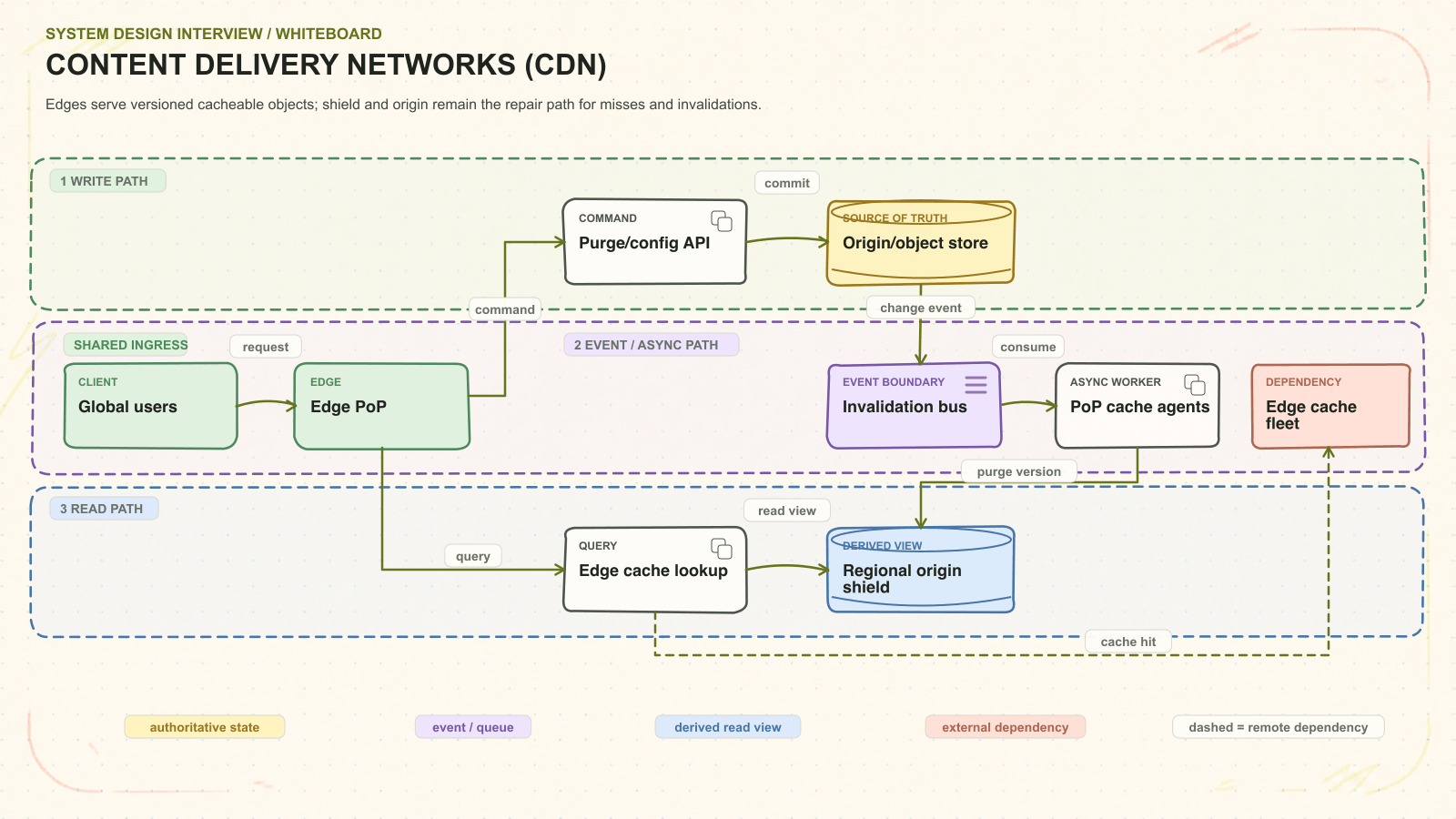 Content Delivery Networks (CDN) system architecture. Edges serve versioned cacheable objects; shield and origin remain the repair path for misses and invalidations. Request path: Global users to Edge PoP to Purge/config API to Origin/object store. Asynchronous path: Invalidation bus to PoP cache agents. Read path: Edge cache lookup to Regional origin shield. External dependency: Edge cache fleet.