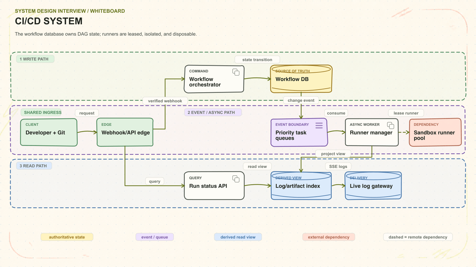CI/CD system system architecture. The workflow database owns DAG state; runners are leased, isolated, and disposable. Request path: Developer + Git to Webhook/API edge to Workflow orchestrator to Workflow DB. Asynchronous path: Priority task queues to Runner manager. Read path: Run status API to Log/artifact index. External dependency: Sandbox runner pool. Delivery path: Live log gateway.