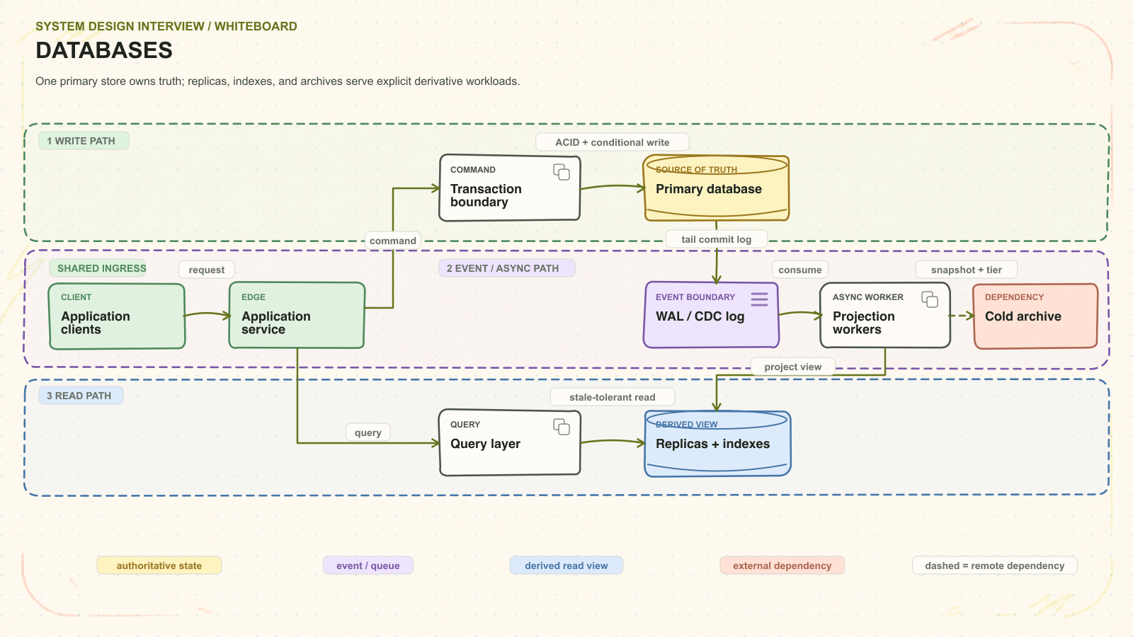 Databases system architecture. One primary store owns truth; replicas, indexes, and archives serve explicit derivative workloads. Request path: Application clients to Application service to Transaction boundary to Primary database. Asynchronous path: WAL / CDC log to Projection workers. Read path: Query layer to Replicas + indexes. External dependency: Cold archive.