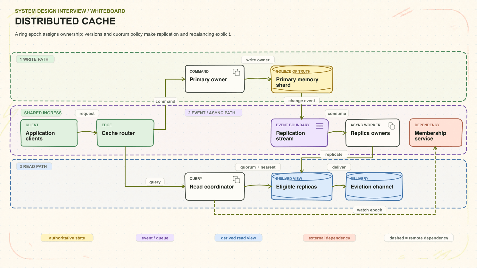 Distributed cache system architecture. A ring epoch assigns ownership; versions and quorum policy make replication and rebalancing explicit. Request path: Application clients to Cache router to Primary owner to Primary memory shard. Asynchronous path: Replication stream to Replica owners. Read path: Read coordinator to Eligible replicas. External dependency: Membership service. Delivery path: Eviction channel.