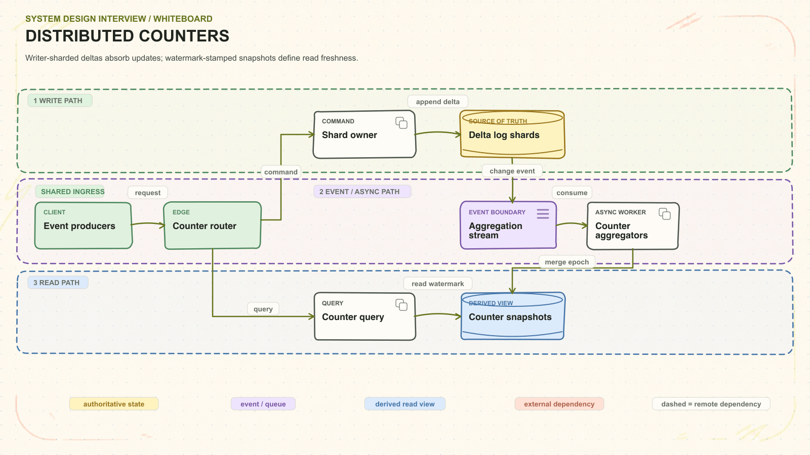 Distributed counters system architecture. Writer-sharded deltas absorb updates; watermark-stamped snapshots define read freshness. Request path: Event producers to Counter router to Shard owner to Delta log shards. Asynchronous path: Aggregation stream to Counter aggregators. Read path: Counter query to Counter snapshots.