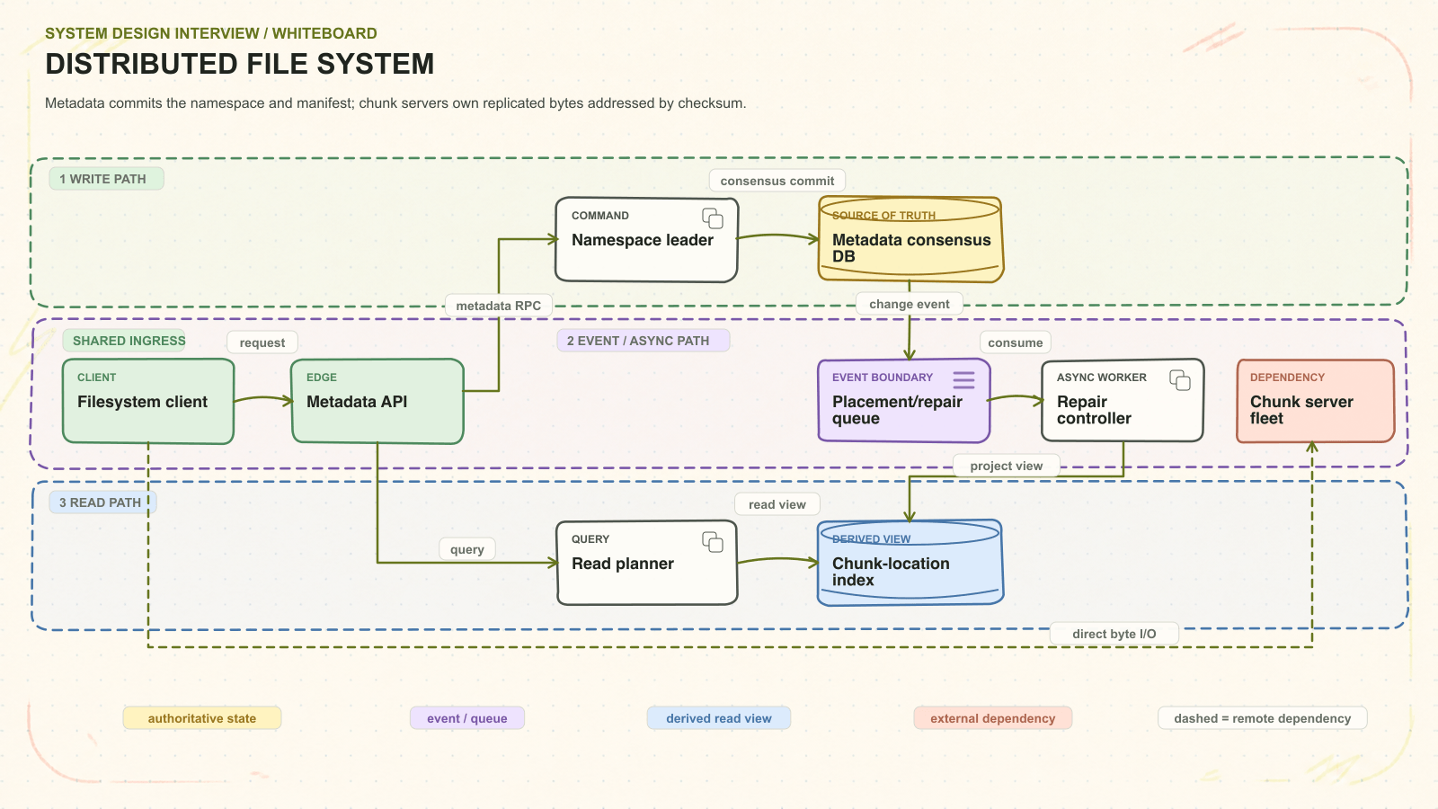 Distributed file system system architecture. Metadata commits the namespace and manifest; chunk servers own replicated bytes addressed by checksum. Request path: Filesystem client to Metadata API to Namespace leader to Metadata consensus DB. Asynchronous path: Placement/repair queue to Repair controller. Read path: Read planner to Chunk-location index. External dependency: Chunk server fleet.