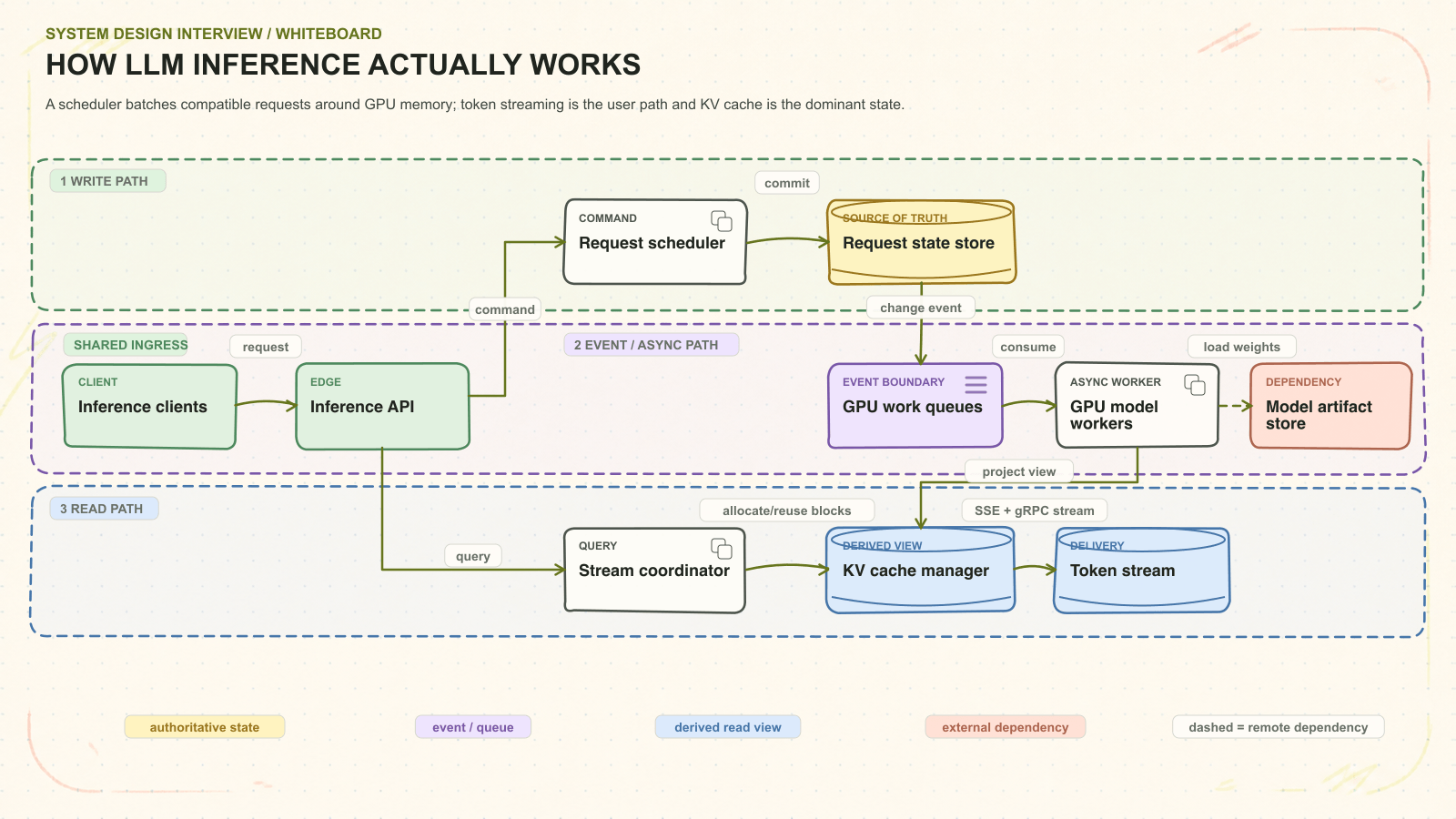 How LLM Inference Actually Works system architecture. A scheduler batches compatible requests around GPU memory; token streaming is the user path and KV cache is the dominant state. Request path: Inference clients to Inference API to Request scheduler to Request state store. Asynchronous path: GPU work queues to GPU model workers. Read path: Stream coordinator to KV cache manager. External dependency: Model artifact store. Delivery path: Token stream.