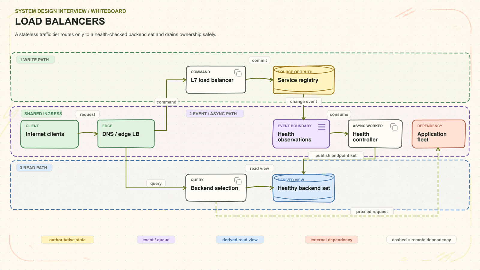 Load balancers system architecture. A stateless traffic tier routes only to a health-checked backend set and drains ownership safely. Request path: Internet clients to DNS / edge LB to L7 load balancer to Service registry. Asynchronous path: Health observations to Health controller. Read path: Backend selection to Healthy backend set. External dependency: Application fleet.