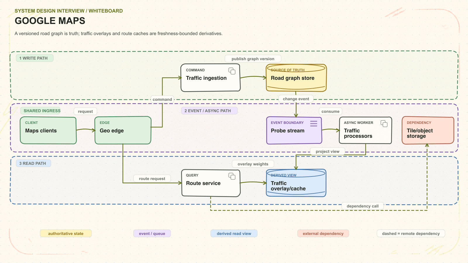 Google Maps system architecture. A versioned road graph is truth; traffic overlays and route caches are freshness-bounded derivatives. Request path: Maps clients to Geo edge to Traffic ingestion to Road graph store. Asynchronous path: Probe stream to Traffic processors. Read path: Route service to Traffic overlay/cache. External dependency: Tile/object storage.