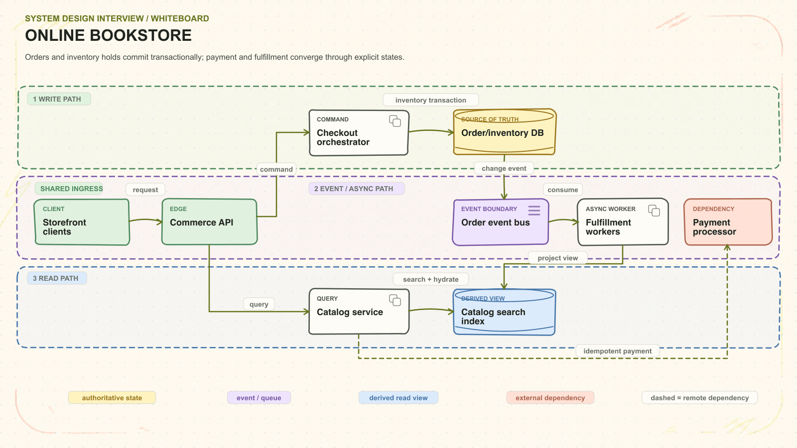 Online bookstore system architecture. Orders and inventory holds commit transactionally; payment and fulfillment converge through explicit states. Request path: Storefront clients to Commerce API to Checkout orchestrator to Order/inventory DB. Asynchronous path: Order event bus to Fulfillment workers. Read path: Catalog service to Catalog search index. External dependency: Payment processor.