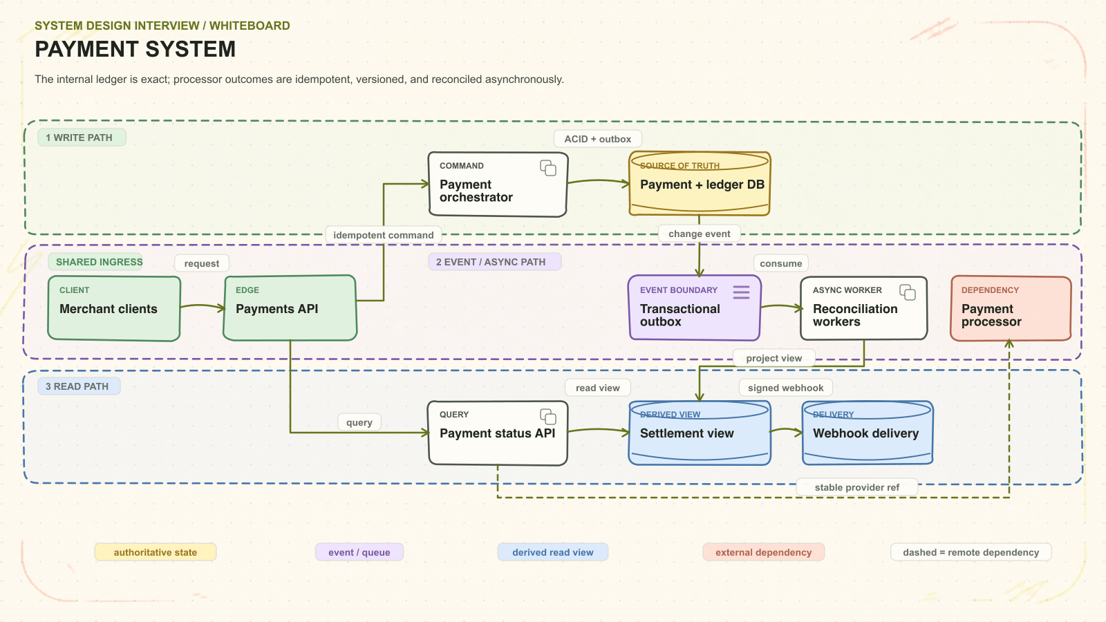 Payment system system architecture. The internal ledger is exact; processor outcomes are idempotent, versioned, and reconciled asynchronously. Request path: Merchant clients to Payments API to Payment orchestrator to Payment + ledger DB. Asynchronous path: Transactional outbox to Reconciliation workers. Read path: Payment status API to Settlement view. External dependency: Payment processor. Delivery path: Webhook delivery.