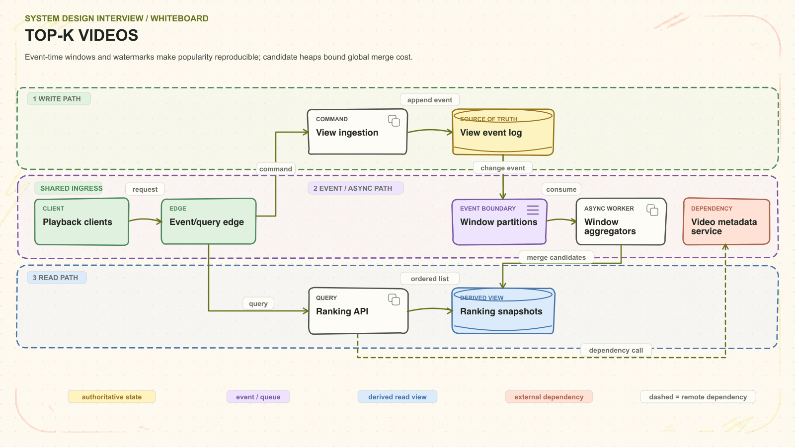 Top-K videos system architecture. Event-time windows and watermarks make popularity reproducible; candidate heaps bound global merge cost. Request path: Playback clients to Event/query edge to View ingestion to View event log. Asynchronous path: Window partitions to Window aggregators. Read path: Ranking API to Ranking snapshots. External dependency: Video metadata service.
