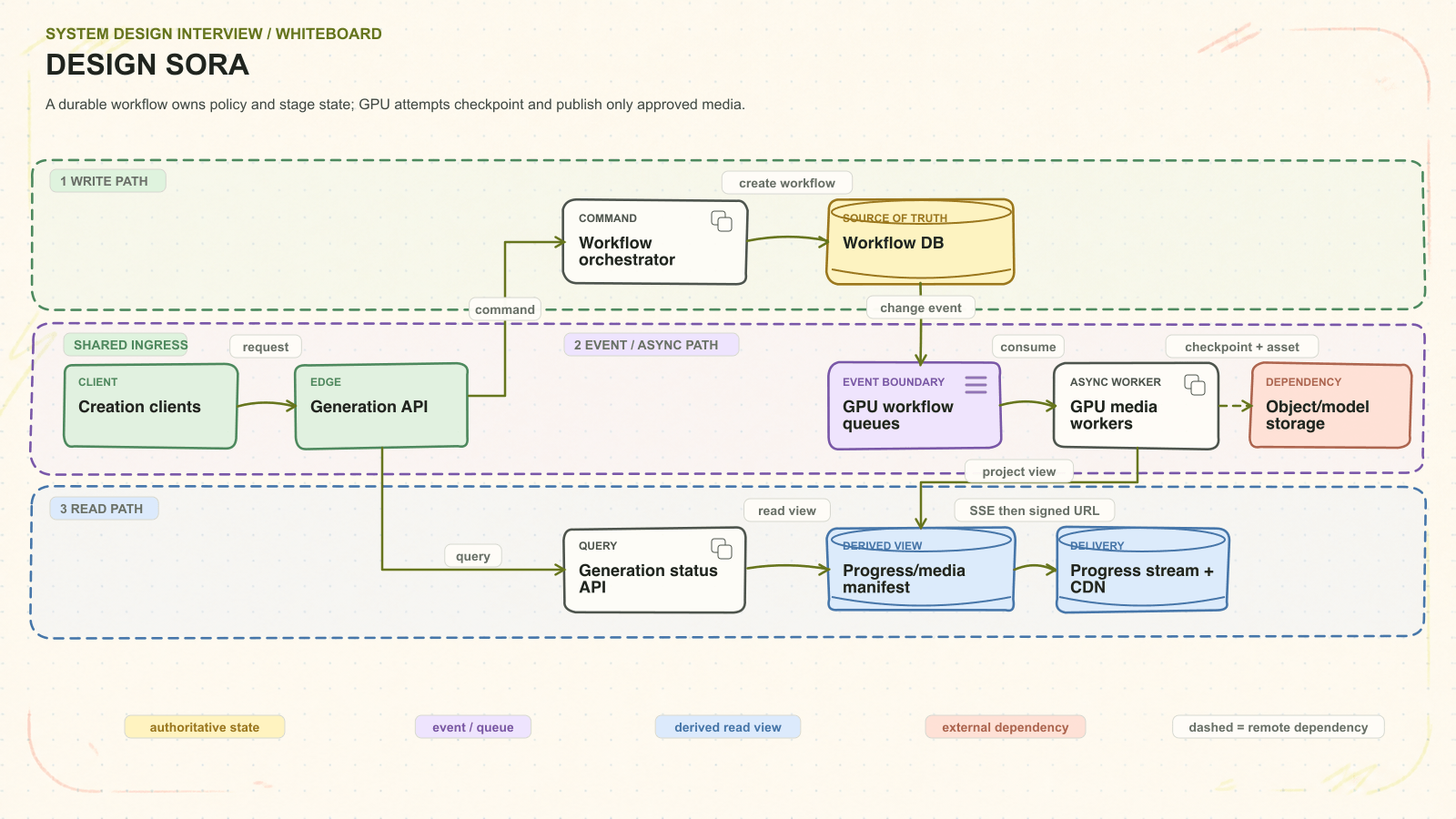 Design Sora system architecture. A durable workflow owns policy and stage state; GPU attempts checkpoint and publish only approved media. Request path: Creation clients to Generation API to Workflow orchestrator to Workflow DB. Asynchronous path: GPU workflow queues to GPU media workers. Read path: Generation status API to Progress/media manifest. External dependency: Object/model storage. Delivery path: Progress stream + CDN.
